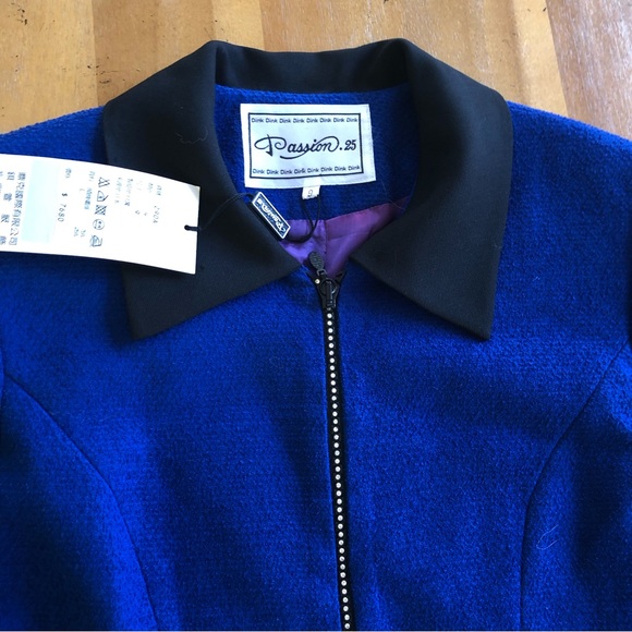 Vintage Bright Blue Blazer Jacket Unique Sparkly Zipper Gemstone Polyester Asian - Picture 5 of 11